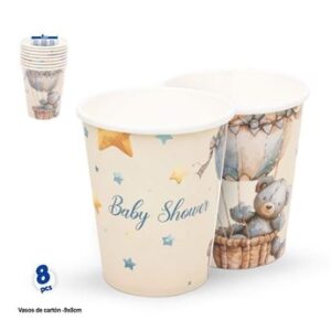 Venta de Vasos de cartón “Baby Shower” con Osito y Globo Aerostático – Pack de 8 unidades