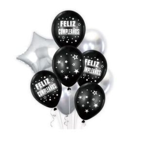 Venta de Bouquet de Globos Feliz Cumpleaños Negros y Plateados (9 unidades)
